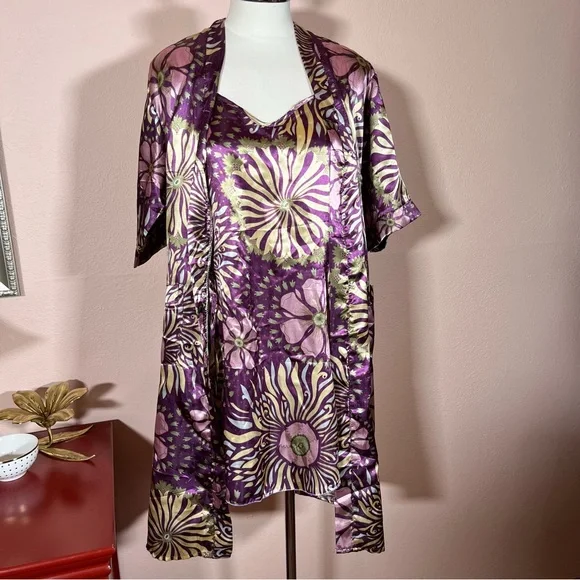 Vintage retro Asian floral royal purple green satin mini slip dress Robe set - Picture 10 of 16